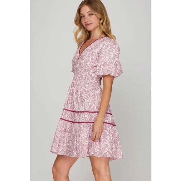 She + Sky Full Size Printed V-Neck Puff Sleeve Tiered Dress Plus Size - Picture 2 of 6